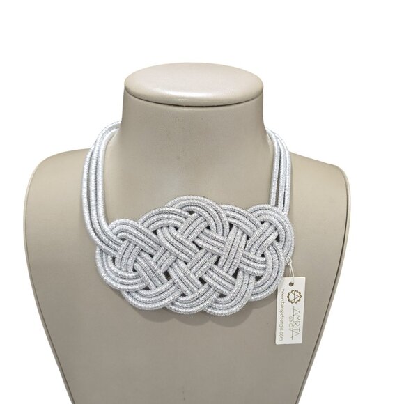 Amrita Singh Silver Bib Necklace Statement Braided Rope Magnetic Clasp NWT - Picture 2 of 4